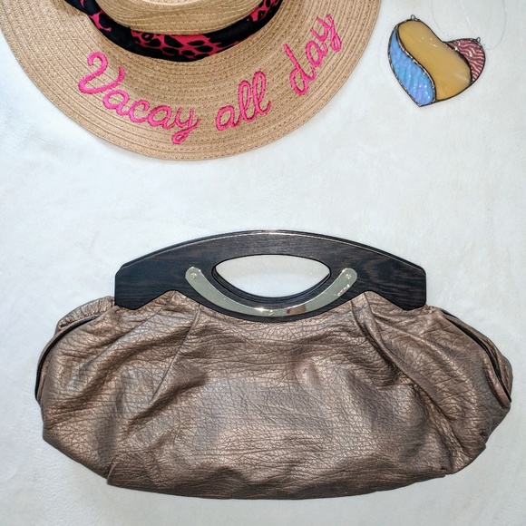 Etro Leather With Wooden Handle Clutch Large GUC - Picture 2 of 7